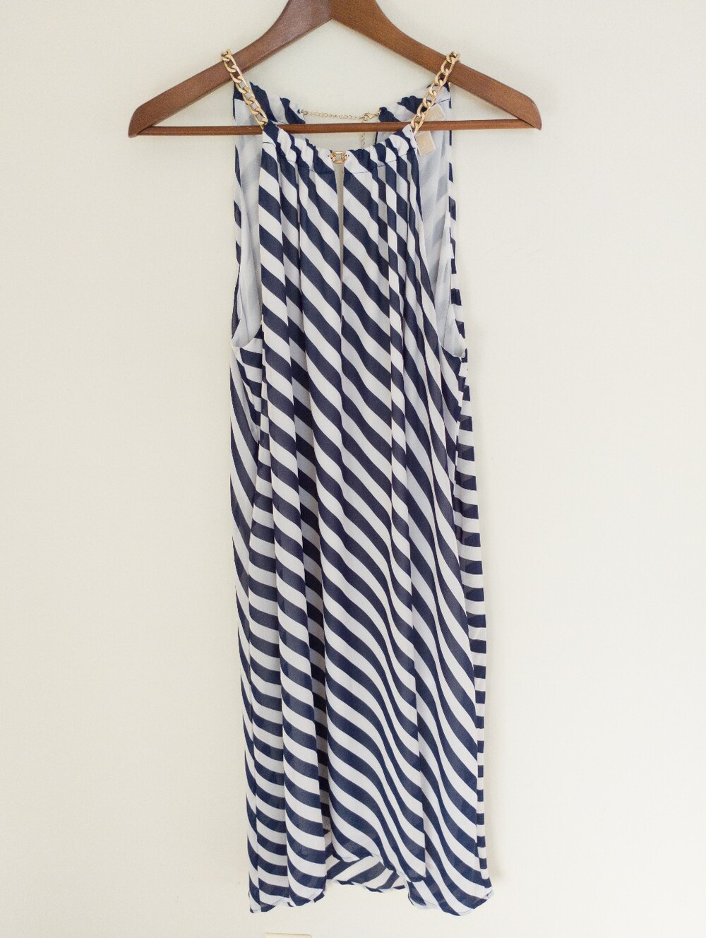 Michael Kors Blue White Diagonal Stripe Chain Halter Dress Size Large Nautical